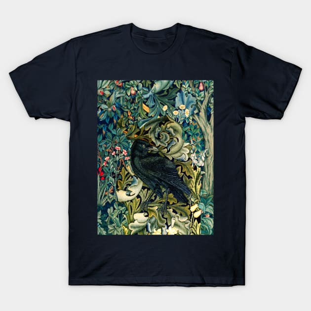 GREENERY, FOREST ANIMALS ,RAVEN ON ACANTHUS LEAVES Blue Green Floral T-Shirt by BulganLumini